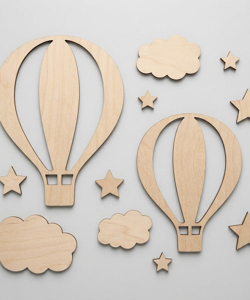 Stickers Bois Montgolfières & Étoiles — Lot de 13