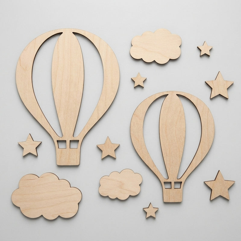 Wooden Hot Air Balloon & Star Wall Decor — Set of 13