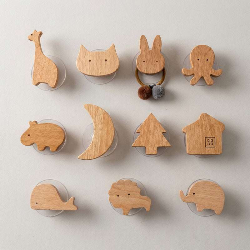 Wooden Animal Drawer Knobs & Hooks — Set