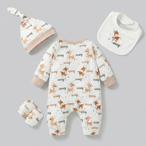 4-Piece Animal Print Set — Jumpsuit, Bib, Hat & Mittens