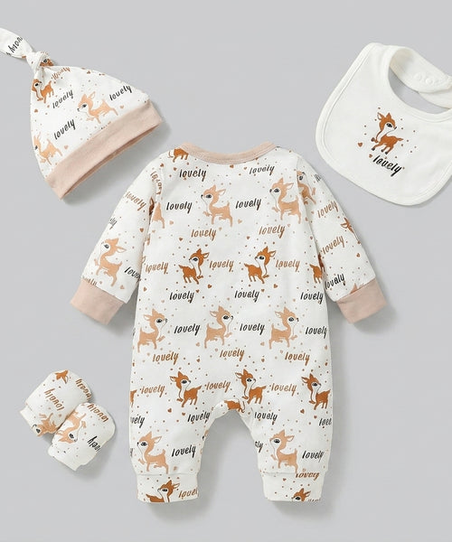 Ensemble 4 Pièces Animaux — Combinaison, Bavoir, Bonnet & Moufles
