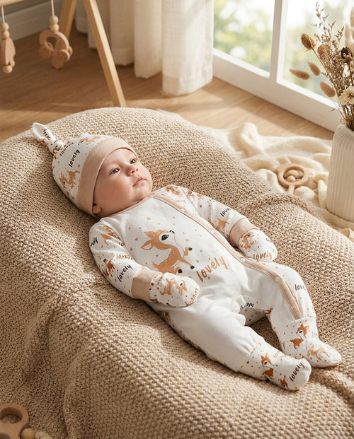 4-Piece Animal Print Set — Jumpsuit, Bib, Hat & Mittens