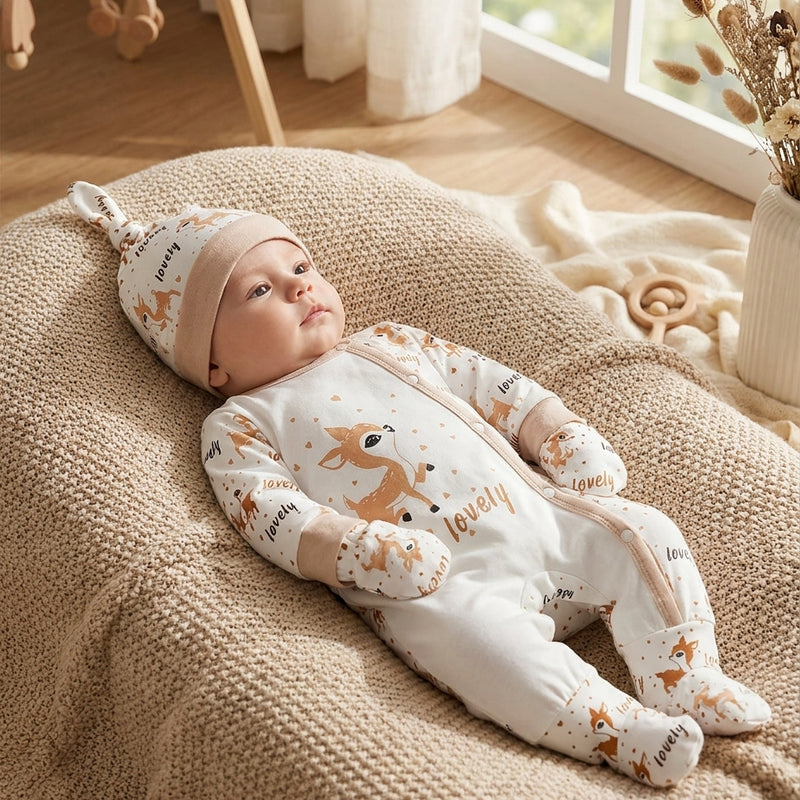 4-Piece Animal Print Set — Jumpsuit, Bib, Hat & Mittens