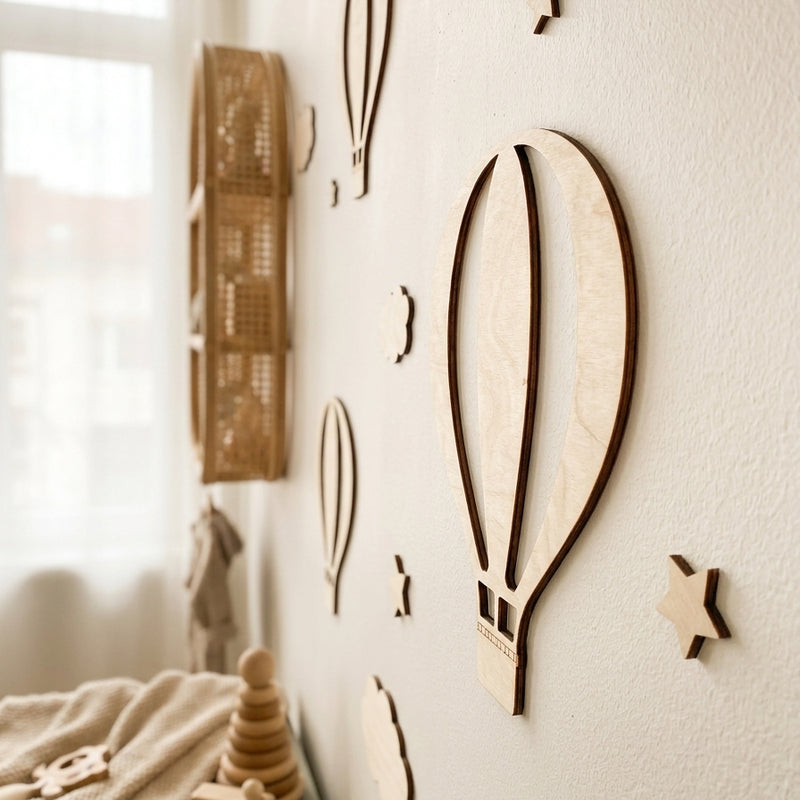 Wooden Hot Air Balloon & Star Wall Decor — Set of 13