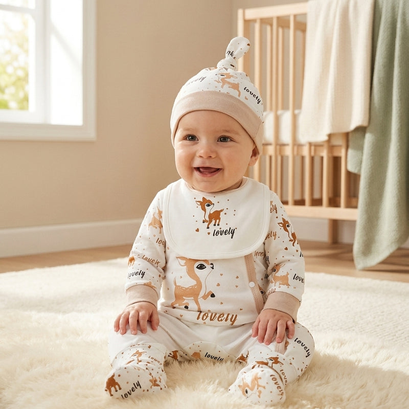 4-Piece Animal Print Set — Jumpsuit, Bib, Hat & Mittens