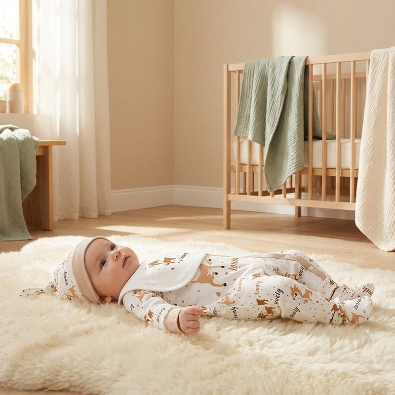 4-Piece Animal Print Set — Jumpsuit, Bib, Hat & Mittens