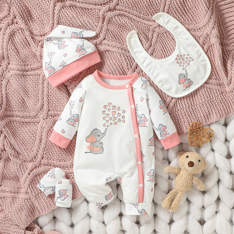 4-Piece Animal Print Set — Jumpsuit, Bib, Hat & Mittens